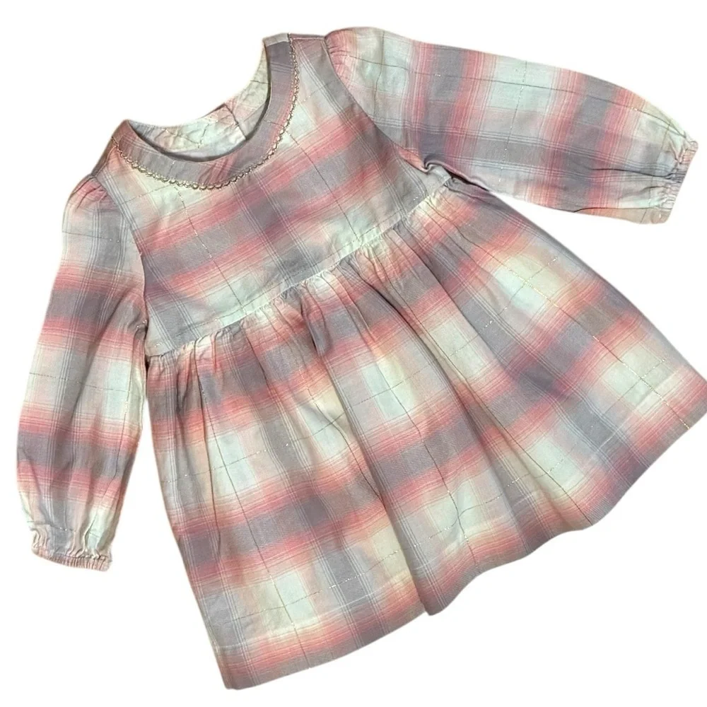 Baby Gap Pink Plaid Gold Thread Dress with Bloomers 12–18 Months